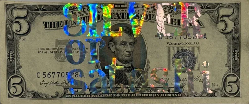 Silver or Satoshi: holographic lettering across a vintage blue-seal five-dollar bill.